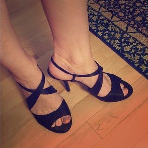 Black satin strapped dress shoes, size 10